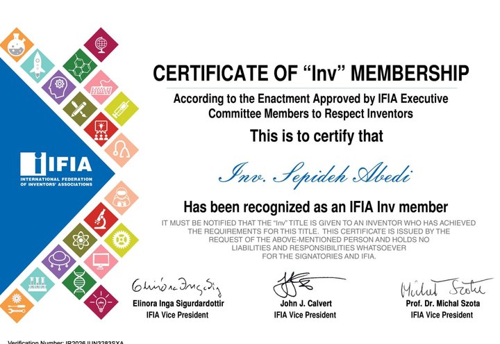 Certificate of IFIA Inv membership issued to Sepideh Abedi, verification number IR2026JUN3283SXA.